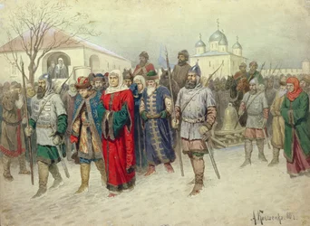 Rattachement de Novgorod, les Novgorodiens partant pour Moscou, 1880